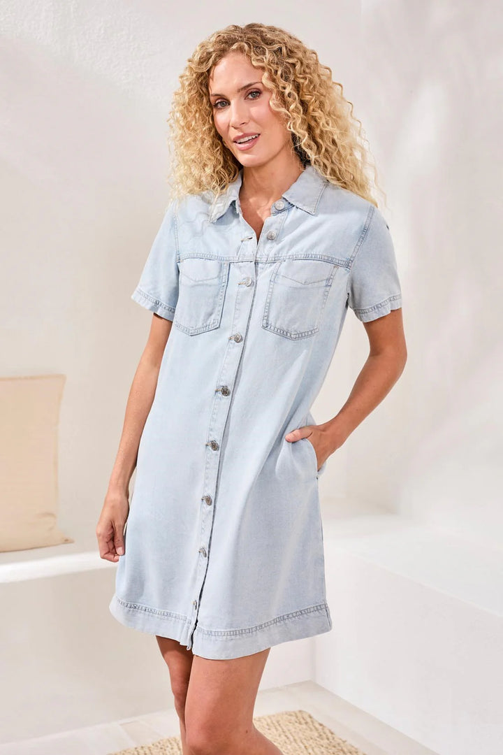 BLUE THREAD BUTTON FRONT TENCEL DENIM SHIFT DRESS – 5th Street Clothing co